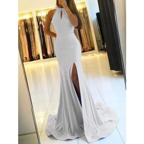 Ivory Mermaid / Trumpet Party Dresses Halter Sweep/Brush Floor length Front/Side Slit Open back Bowknot\Bow Party Gowns