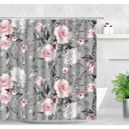 Floral Waterproof Shower Curtains Pink Flowers Plant Gray Background Printed Fabric Bathroom Screen With Hooks Bath Curtain Sets