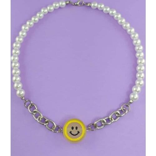Y2K Jewelry Pearl Chain Stitching Smiley Necklace For Women Beads Harajuku Vintage Necklace Charms 90s Aesthetic New Gift 2021