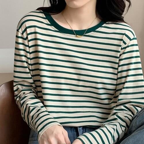 Striped Women T Shirt Cotton Long Sleeve O-Neck Loose Woman Tshirt Clothes 2021 Autumn Female Korean Fashion Top Tee Shirt Femme