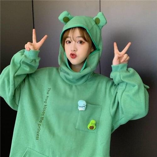 Womens Hoodie Korean Style 2021 Springtime Embroidery Frog oversized Sweatshirt men and womens Hoodies Harajuku Warm Pullover
