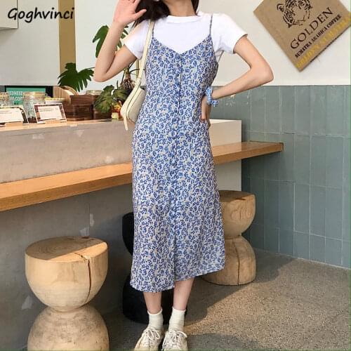 Summer Floral V-neck Sleeveless Dress Women Single Breasted Slim Spaghetti Strap Retro Mid-calf Vestido Beach Korean Style Cozy