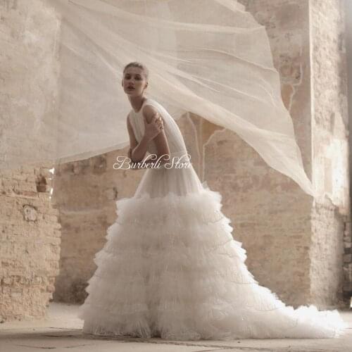 Demure White Ruffles Tulle Evening Party Dresses Pretty Tiered Draped Mesh Tulle Long Women Prom Gowns To Wedding Vestidos