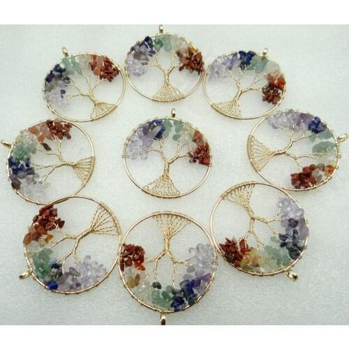 2020 Natural Stone Quartz crystal agate 7 Chakra Reiki Healing Tree of Life Pendant for diy jewelry making necklace 6pcs 50MM
