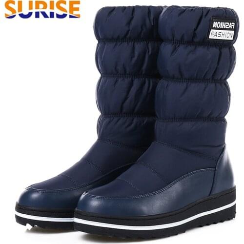 2021 Winter Warm Down Women Snow Boots Wedge Heel Round Toe Waterproof Plush Blue Ladies Platform Mid-calf Boots Big Size 35-44