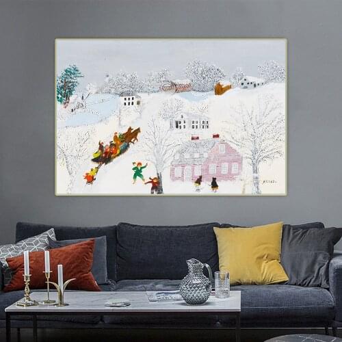 Anna Mary Robertson Grandma Moses《Over the bridge, 1960》Canvas Oil Painting Artwork Aesthetic Picture Wall Decor Home Decoration