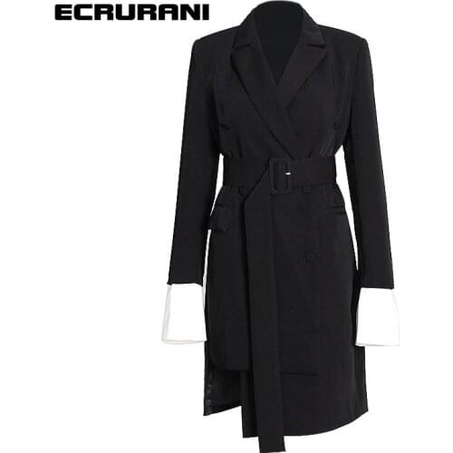 ECRURANI Black Casual Blazer Dress For Women Lapel Long Sleeve High Waist Slim Elegant Dress Females Fashion 2021 Style Clothing
