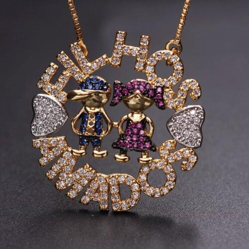 Colorful Boy Girl Pendant Necklace Pave Cubic Zirconia Love Heart Gold Color Chain Necklace Cute Kid Charm Women Fashion Jewelry