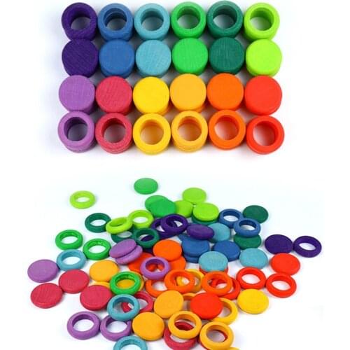 Wooden Toys Beech Rainbow Coins and Rings Stackable Montessori toys Nature Loose Parts Creative Toys 12 colors