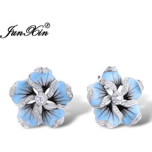Girls Cute Blue Enamel Flower Stud Earrings For Women Plant Earring Silver Color White Crystal Double Earrings Wedding Gifts