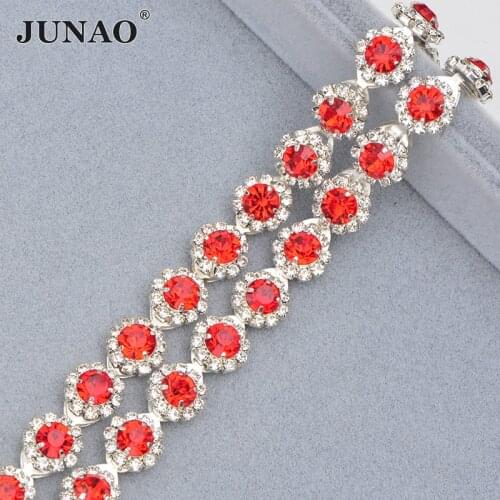 JUNAO 1 Yard Silver Base Red Glass Rhinestone Chain Sewing Metal Trim Crystal Stones Ribbon Applique Flatback Strass Banding