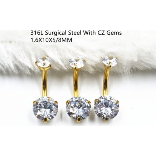 50PCS Surgical Steel Gold Clear CZ Navel Belly Ring Button Bar Internally Threaded Navel Ring Body Piercing Jewelry 14Gx10x5/8
