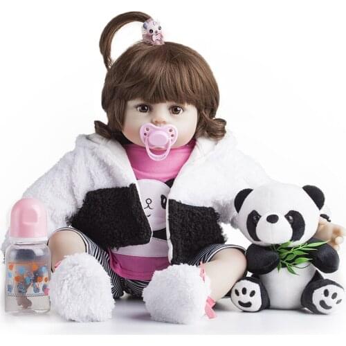 Reborn Doll full body soft rubber, childrens growth playmate, clothing room panda pattern, braided hair