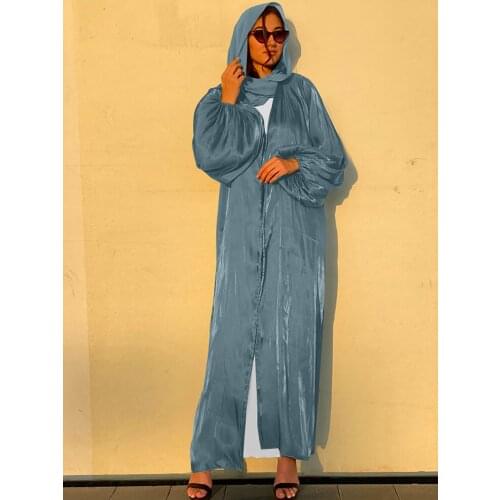 Summer Kimono Abaya Open Front Women Muslim Fashion Satinlike Hijab Dress Puff Sleeve Chiffon Headscarf Dubai Turkey Eid Party