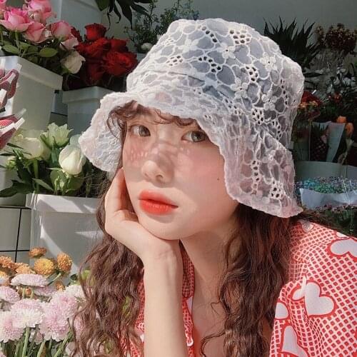 Summer Women Wide Brim White Hat Hollow Out Lace Female Cute Little Flower Basin Hat Sun Cap