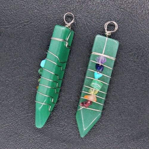 Trendy-beads Silver Plated Wire Wrap Sword Shape Pendant Natural Green Aventurine Jewelry