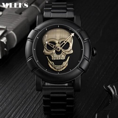 High Quality Skull Head Watch for Men 3D Skeleton Engraved Gold Black Mexico Punk Rock Dial Clock Watches Male relogio masculino