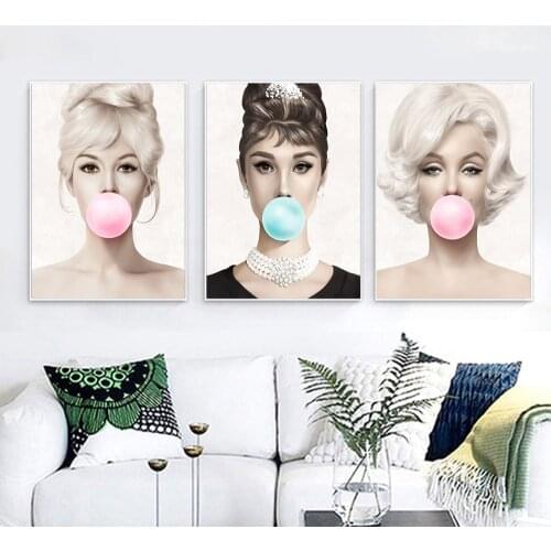 Audrey Hepburn Bubblegum Wall Art Canvas Painting Fashion Poster Brigitte Bardot and Marilyn Monroe Print Painting Home Decor