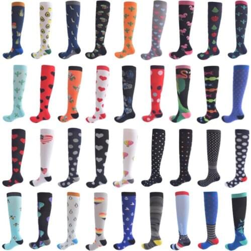 2021 New Compression Socks Women Men Outdoor Heart Star Dots Rainbow Stripe Penguin Avocado Printing Long Pressure Stockings