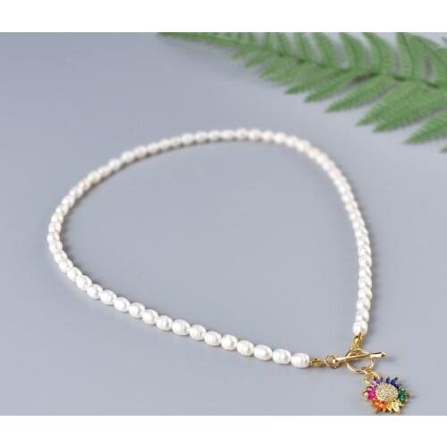 Unique Design Natural Freshwater Pearls With Golden Rainbow Zircon Sunflower Charm Pendant Choker Necklace For Women Statement