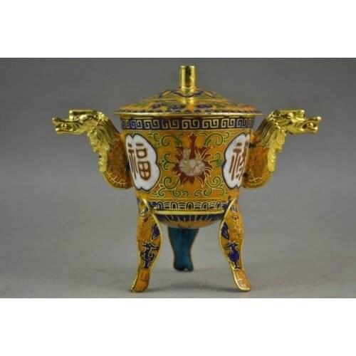 China Cloisonne Carving Flower & Dragon Head Shape Ears Rare Incense Burner
