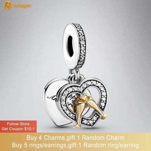 Volayer 925 Sterling Silver Two-tone Happy Anniversary Dangle Charm fit Original Pandora Bracelets for Women DIY Jewelry