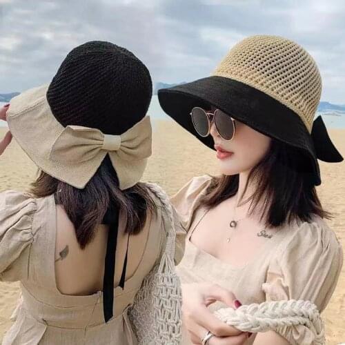 2021 Summer New Bow Sun Hat Cap Wide Brim Floppy Top Hats for Women Beach Panama Straw Dome Bucket Hat Hollow Out Visor Bonnet