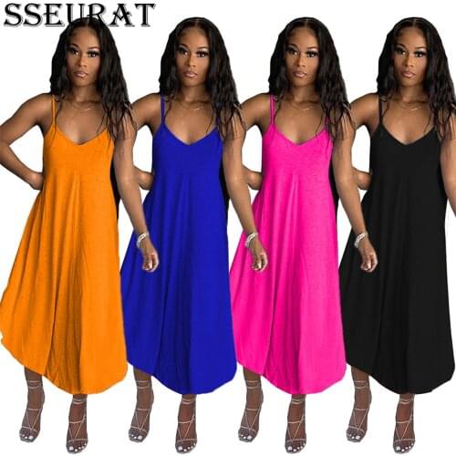 SSEURAT Women Dress Solid Color Loose Deep V Slit Dress Fashionable Casual Sexy Knee-length Dressess
