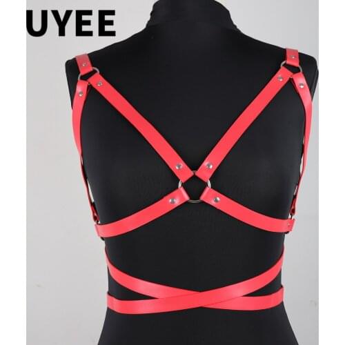 UYEE Sexy Chest Belt Woman Red PU Leather Bondage Harness Strap Bra Lingerie Slim Harness Body Straps Punk Gothic Club Garters