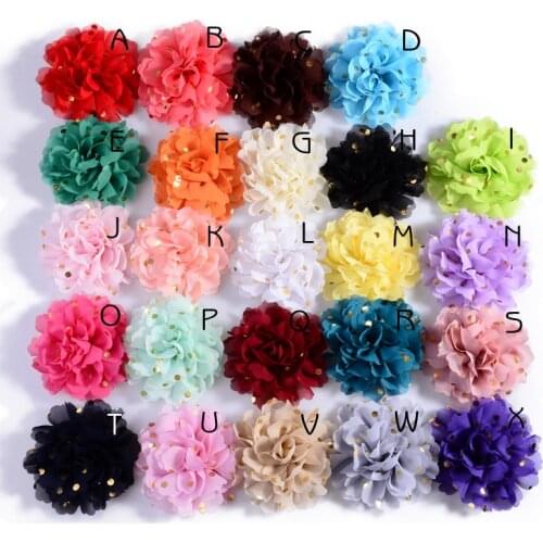 5PCS 10CM New Big Chiffon Flower with Gold Dot For Hair Clips Hairpins Fabric Flowers for Girls Hair Accessories