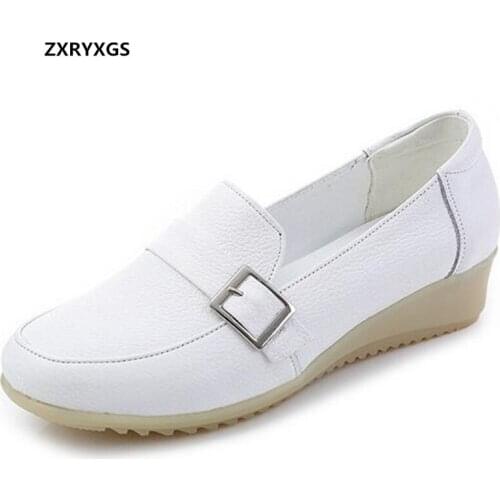 2021 New Spring Genuine Leather White Shoes Nurse Flats Soft Sole Comfortable Non-slip Hollow Breathable Sandals Women Shoes