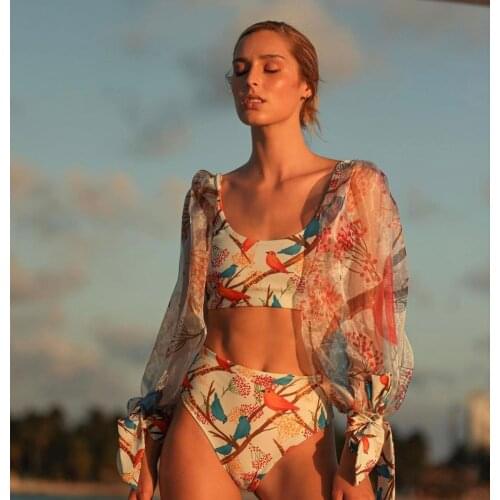 2021 Puff Sleeve Bikini Swimwear Women Swimsuit y2k Bandage Brazilian Bikini Set Print Beach Wear Bathing Suits Biquini