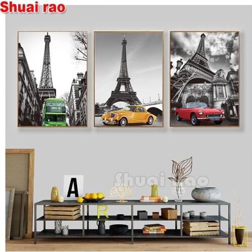 3 Pieces 5 d diamond painting Paris Tower Retro Bus Car Landscape full round diamond embroidery Multi Panel home decor