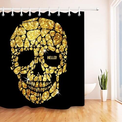60x72'' Golden Skull Say Hello On Black Bathroom Fabric Shower Curtain Waterproof Polyester Curtain Sets & 12 Hooks