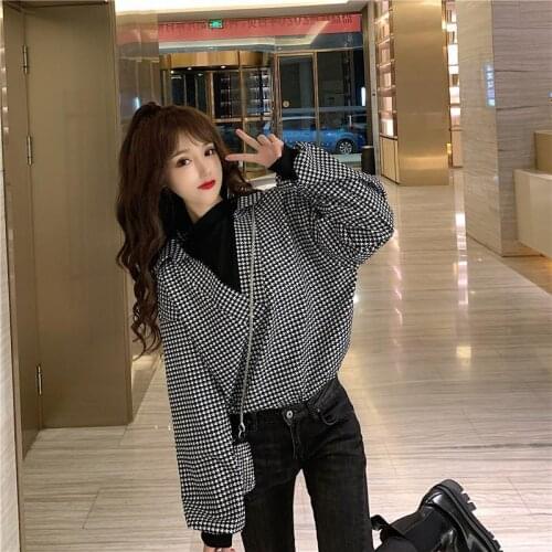 Blouse Women Shirt Spring and Autumn 2021 Houndstooth Long-Sleeved False Two-Piece Suit Top for Women Blusas Ropa De Mujer