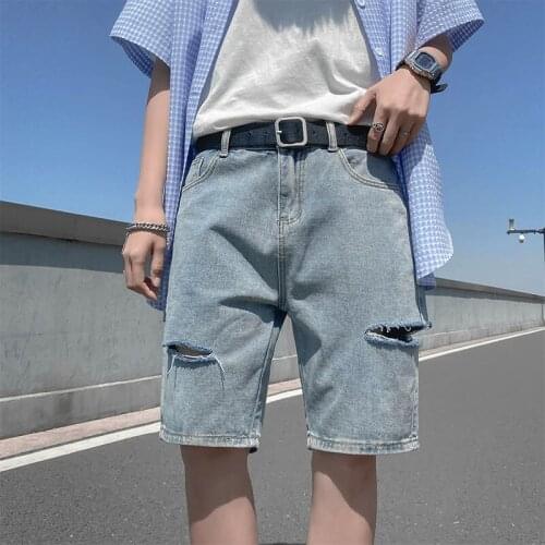 Summer Fashion Jeans Pants Men Slim Fit Mens Streetwear Korean Knee Length Denim Pocket Skinny Pants All-Match New Arrived