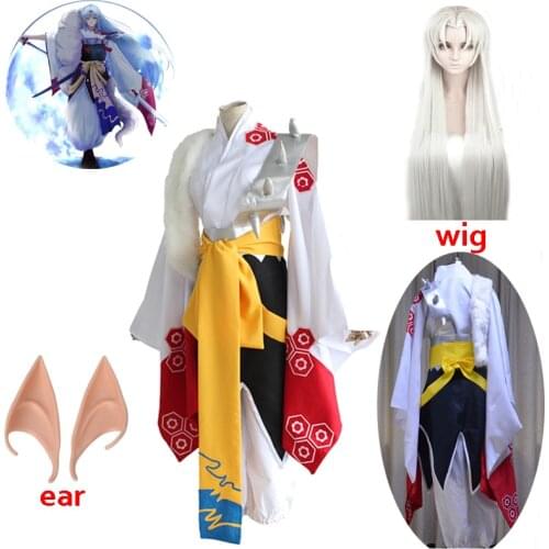 Hot！Anime Inuyasha Sesshomaru Cosplay Costume Mask Kimono Wig Hair Style Costumes Ear Silver Wigs Halloween Party