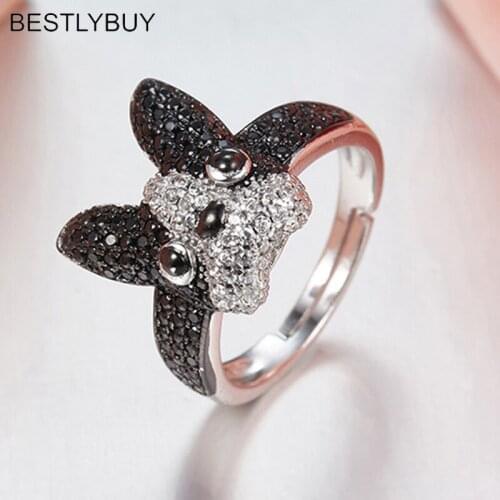 BESTLYBUY Hot Sale 100% 925 Sterling Silver Loyal Partners French Bulldog Dog Animal Female Ring for Women Fashion Jewelry