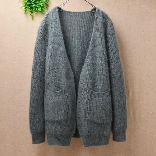 New women female spring clothes long sleeves angora rabbit fur knitted cardigan causal loose size brown mink cashmere coat