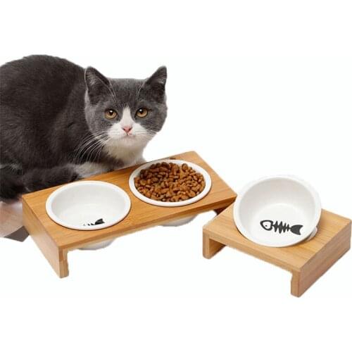 Fashion Cat Dog Feeders Bowls Bamboo Tableware Ceramic Pet Food Water Bowl High Grade Anti Skid Pet Supplies Dog Cat Bowl