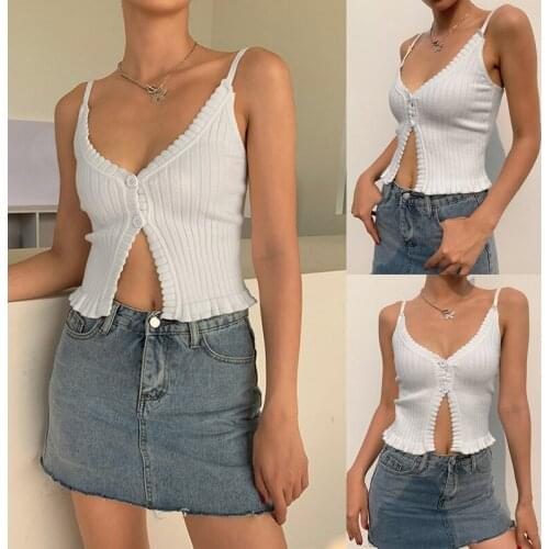 Hot kf-Womens European and American Style Solid Color Buttoned V-Neck Small Sling Womens Inner Base Coat White