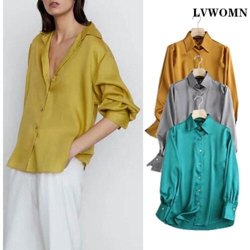 LVWOMN Za Blouse Women 2021 Spring Long Sleeve Shirt Oversized Green Shirt Female Button Office Blusas Casual Chic Tops 3 Colors