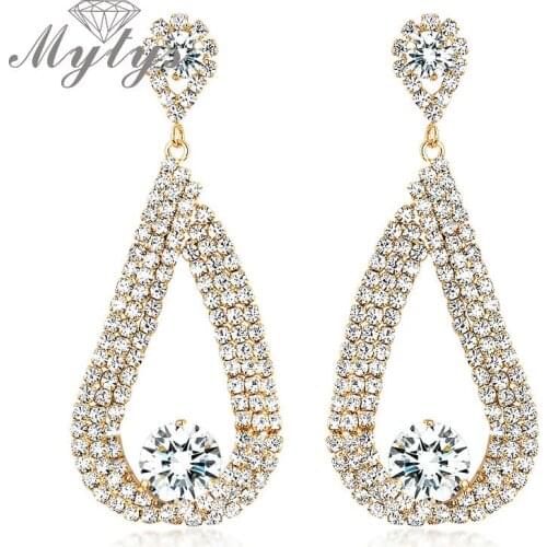 Mytys High Quality Pave Setting Crystal Earring Yellow Gold Color Clear Crystal Water Drop Earring Dangle Oval Shape E114