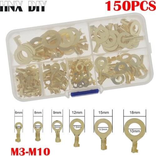 150pcs Crimp Terminals M3/M4/M5/M6/M8/M10 Ring Lugs Ring Eyes Copper Cable Lug Wire Connector Non-insulated Diy Assortment Kit
