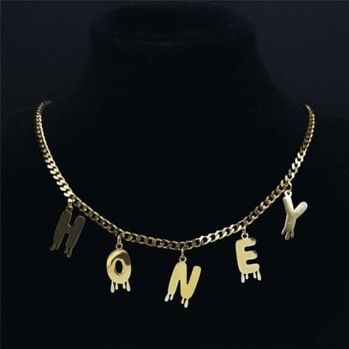 Stainless Steel Love Honey Letter Necklaces Women Gold Color Statement Necklace Jewelry collier acier inoxydable N7003HoneyS01