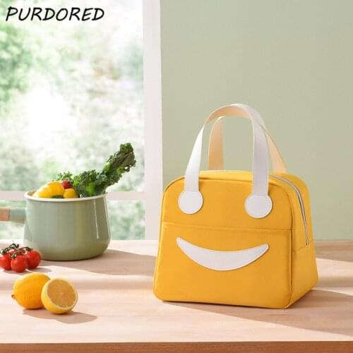 PURDORED 1 Pc Cute Smile Face Lunch Bag Insulated Zipper Oxford Lunch Food Bag Women Large Portable Bento Bag for Kid Student