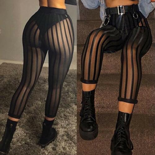 Sexy Women Striped Mesh Perspective Pants High Waist Knee Length Slim Trousers Club Wear Leggings Black