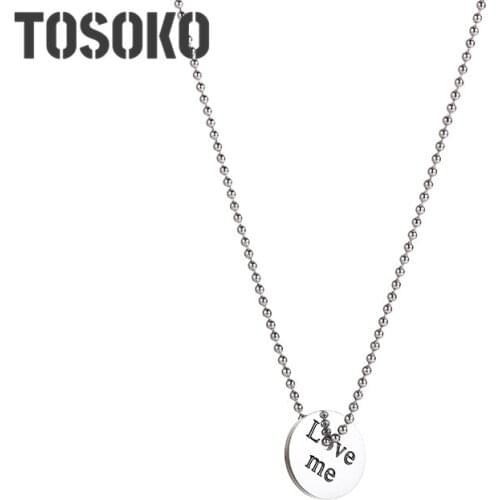 TOSOKO Stainless Steel Jewelry Black Letter Geometric Round Brand Hollow Pendant Necklace Womens Bead Chain BSP959