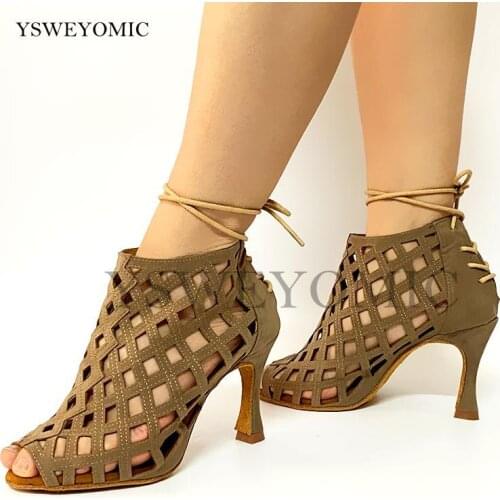 YSWEYOMIC Latin Dance Shoes Brown Nude Suede Leather Wider Feet Dance Boots Women Salsa Bachata Latin Dance Shoes Cuban Heel 9cm