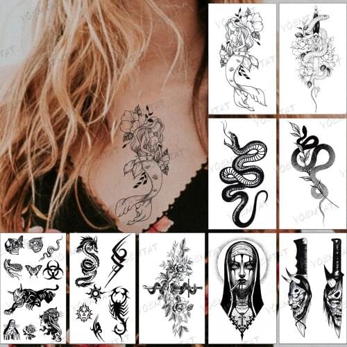 Waterproof Temporary Tattoo Sticker Flower Fish Mermaid Black Tatto Sexy Arm Leg Flash Tatoo Woman Man Child Fake Tattoo